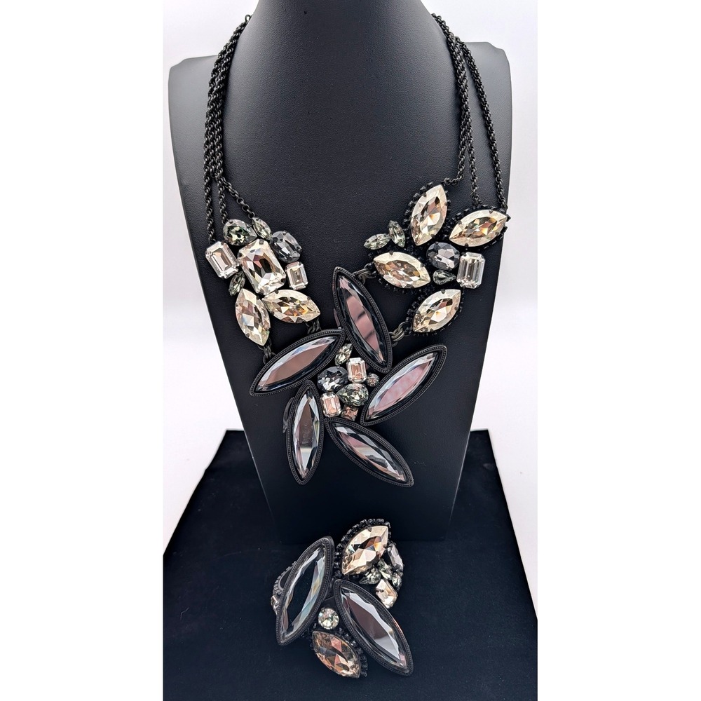 Leetal Kalmanson Crystal Statement Necklace & Cuff Bracelet Set Black Grey Luxe